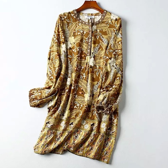 Long Sleeve Boho Floral Gypsy Print Dress Yellow - Picture 4 of 10